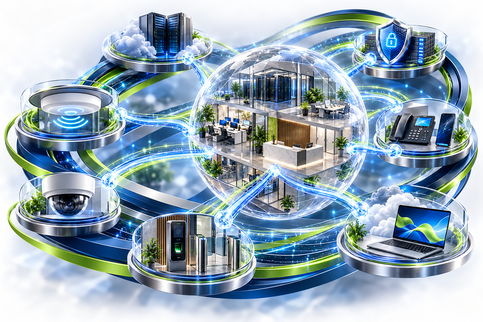 A connected business ecosystem linking servers, cybersecurity, wireless, telephony, CCTV, access control and cloud services